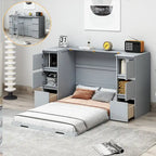 Lit escamotable grand format blanc/gris avec armoire, tiroirs et tabourets, 1 place