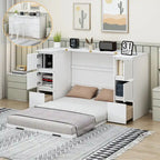 Lit escamotable grand format blanc/gris avec armoire, tiroirs et tabourets, 1 place