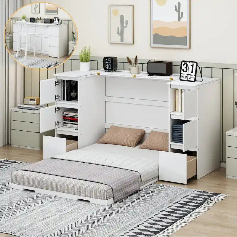 Lit escamotable grand format blanc/gris avec armoire, tiroirs et tabourets, 1 place