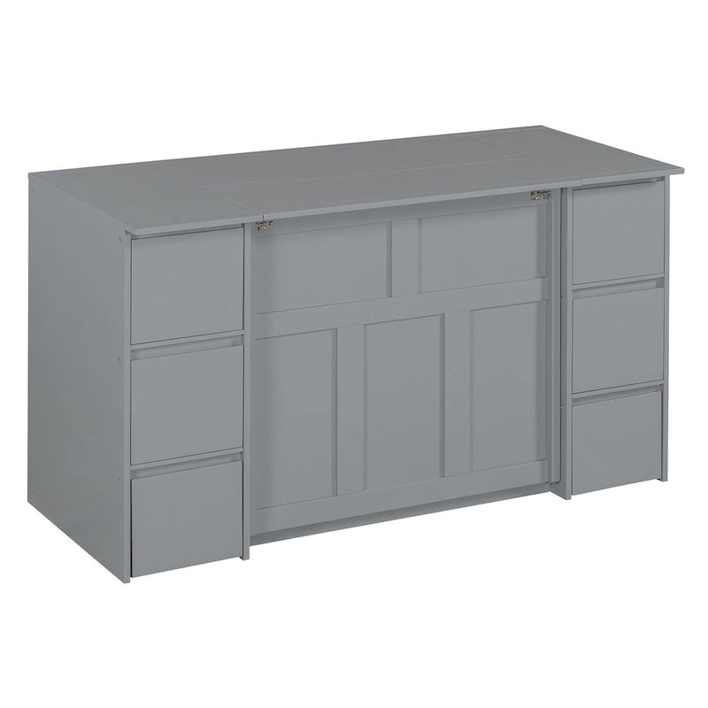 Lit escamotable grand format blanc/gris avec armoire, tiroirs et tabourets, 1 place