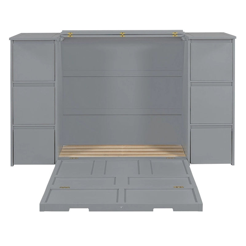 Lit escamotable grand format blanc/gris avec armoire, tiroirs et tabourets, 1 place