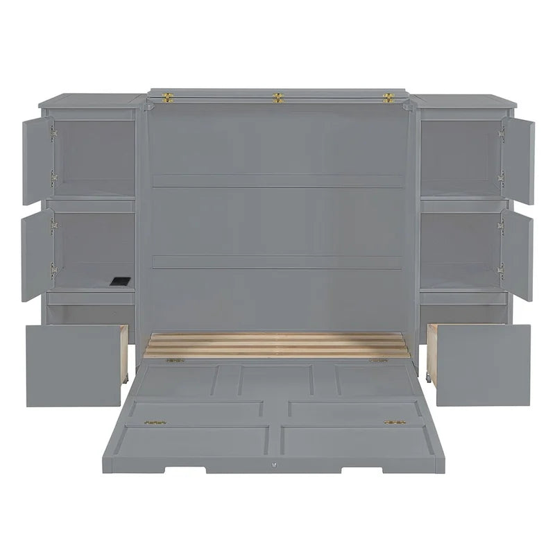 Lit escamotable grand format blanc/gris avec armoire, tiroirs et tabourets, 1 place