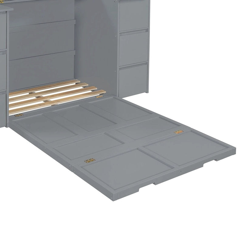 Lit escamotable grand format blanc/gris avec armoire, tiroirs et tabourets, 1 place