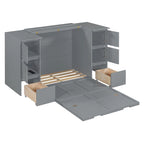 Lit escamotable grand format blanc/gris avec armoire, tiroirs et tabourets, 1 place