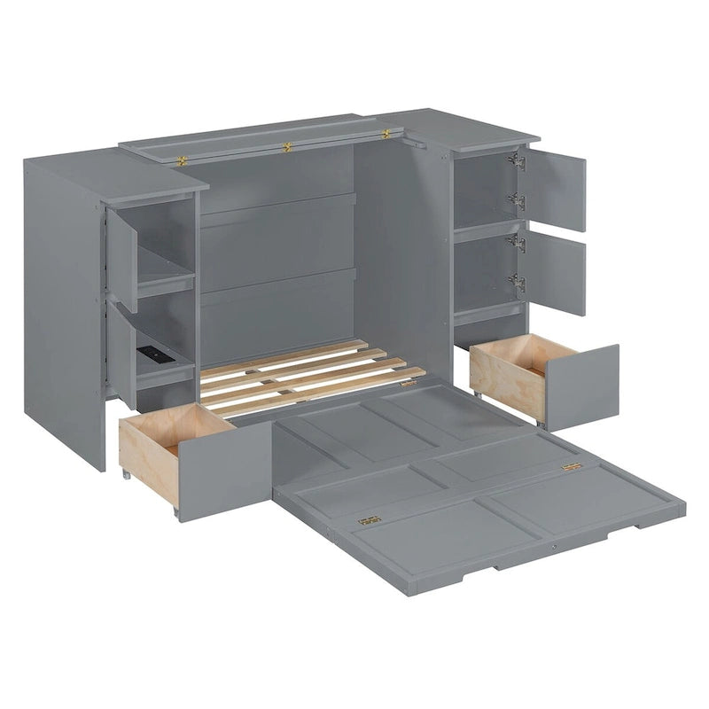 Lit escamotable grand format blanc/gris avec armoire, tiroirs et tabourets, 1 place