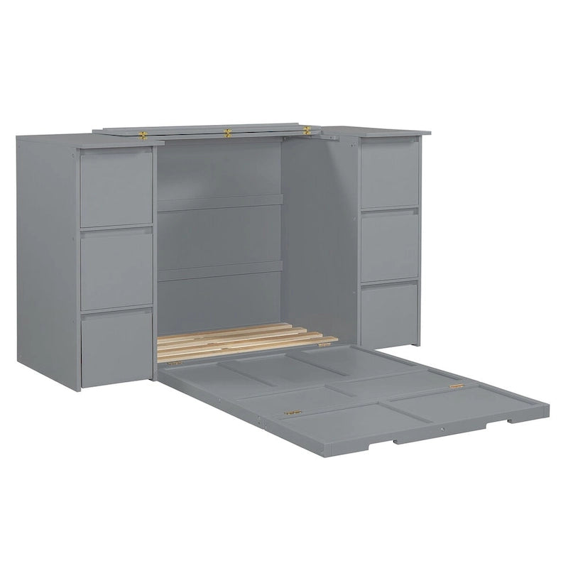 Lit escamotable grand format blanc/gris avec armoire, tiroirs et tabourets, 1 place