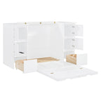 Lit escamotable grand format blanc/gris avec armoire, tiroirs et tabourets, 1 place