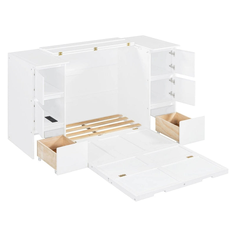 Lit escamotable grand format blanc/gris avec armoire, tiroirs et tabourets, 1 place