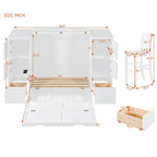 Lit escamotable grand format blanc/gris avec armoire, tiroirs et tabourets, 1 place
