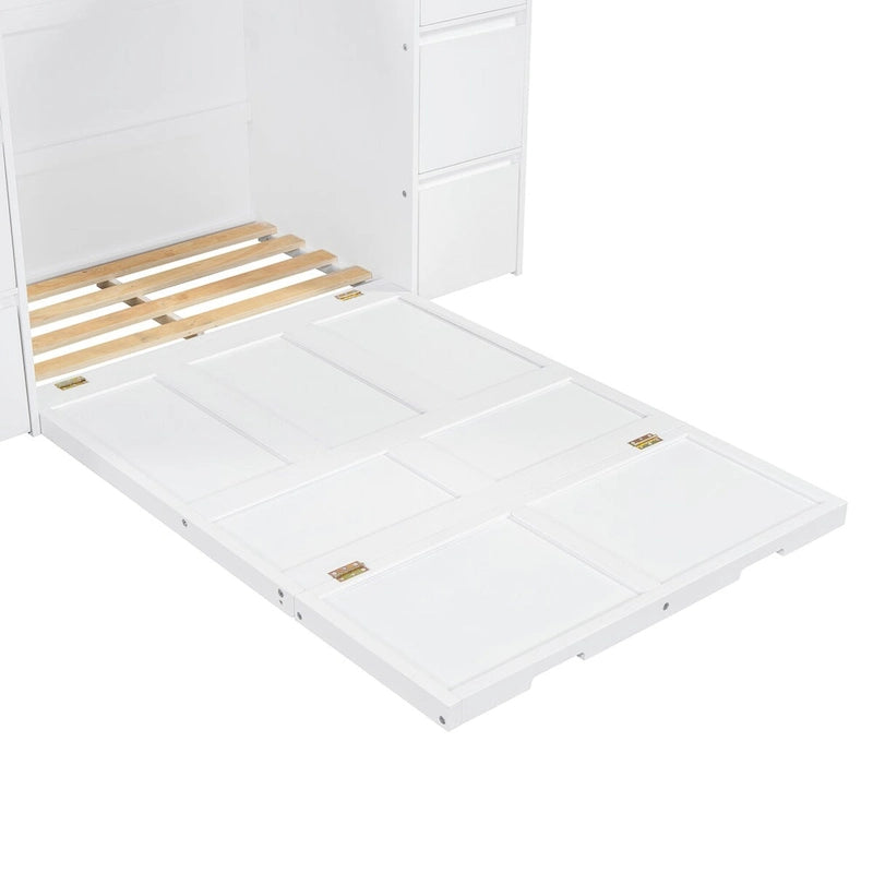 Lit escamotable grand format blanc/gris avec armoire, tiroirs et tabourets, 1 place
