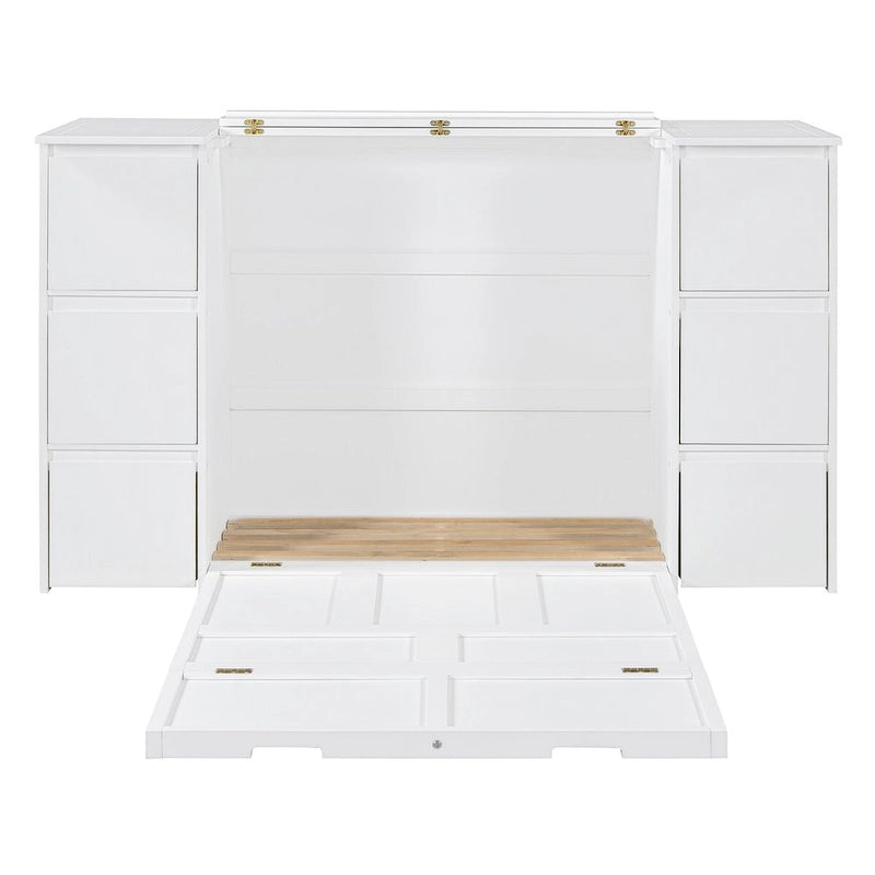Lit escamotable grand format blanc/gris avec armoire, tiroirs et tabourets, 1 place