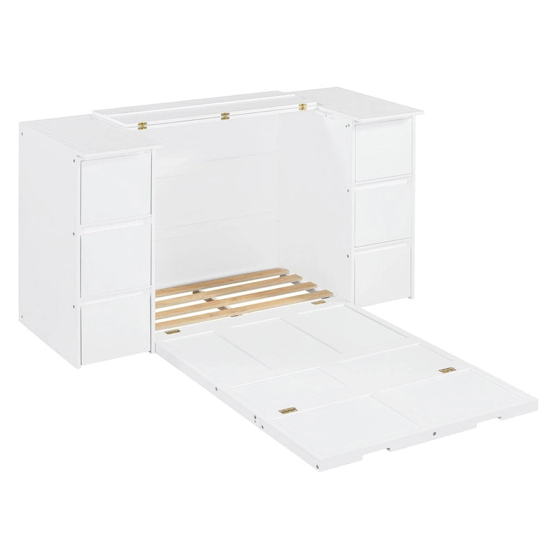 Lit escamotable grand format blanc/gris avec armoire, tiroirs et tabourets, 1 place