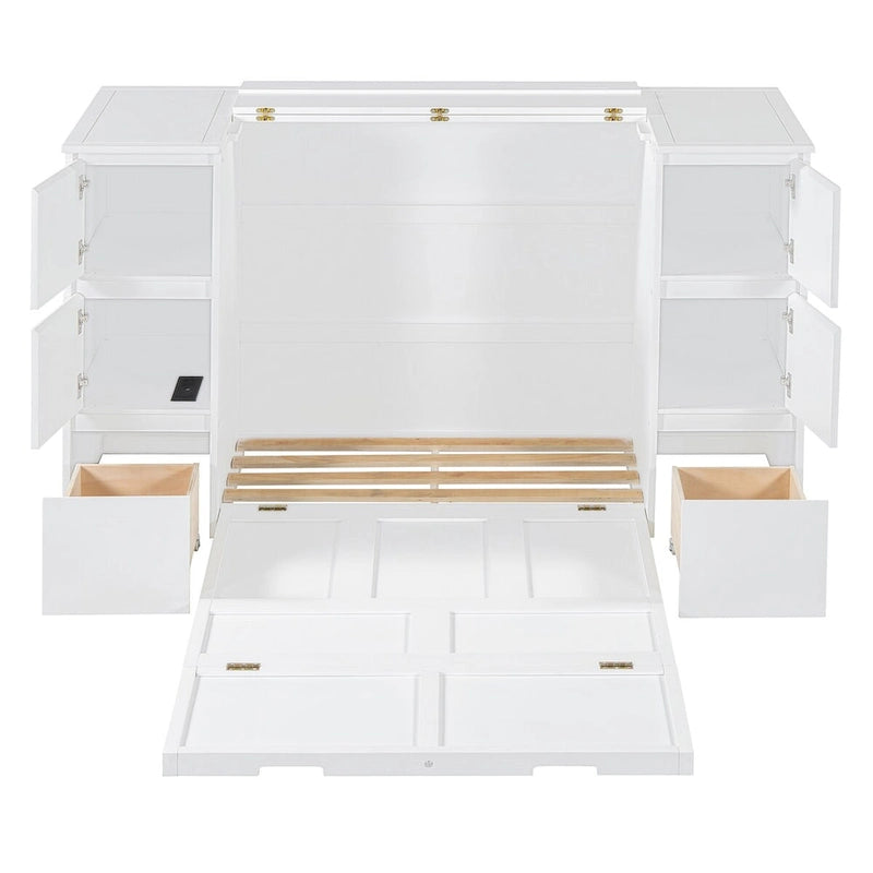 Lit escamotable grand format blanc/gris avec armoire, tiroirs et tabourets, 1 place