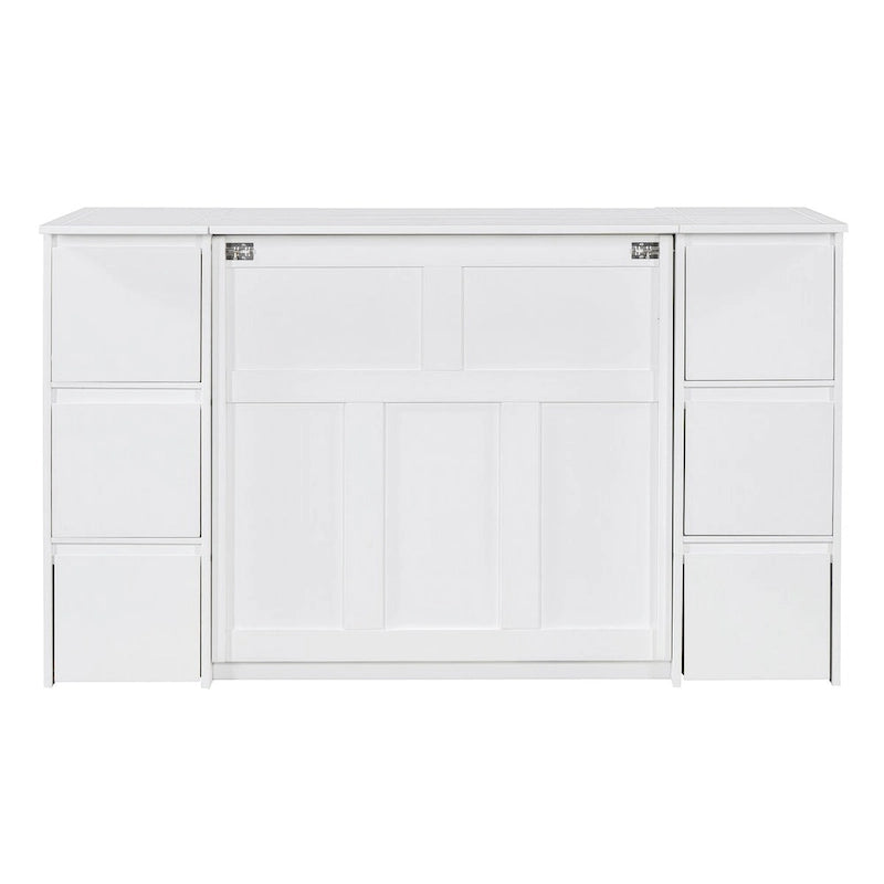 Lit escamotable grand format blanc/gris avec armoire, tiroirs et tabourets, 1 place
