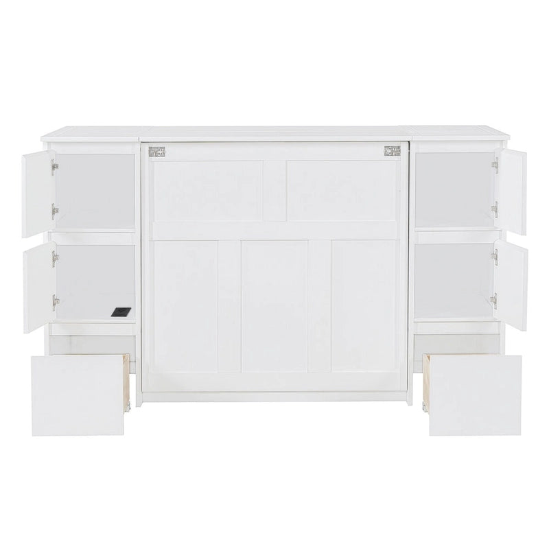 Lit escamotable grand format blanc/gris avec armoire, tiroirs et tabourets, 1 place