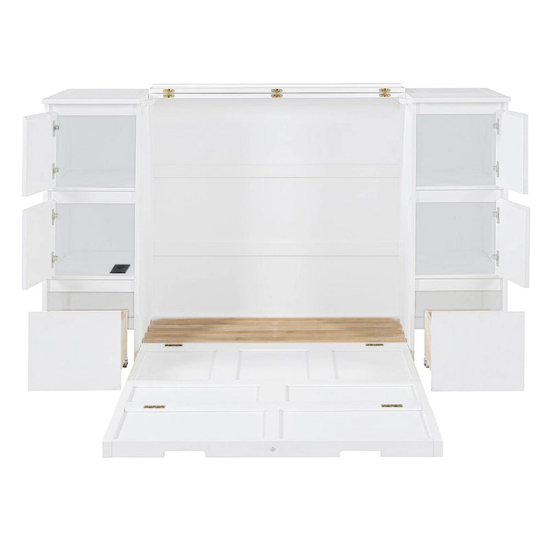 Lit escamotable grand format blanc/gris avec armoire, tiroirs et tabourets, 1 place